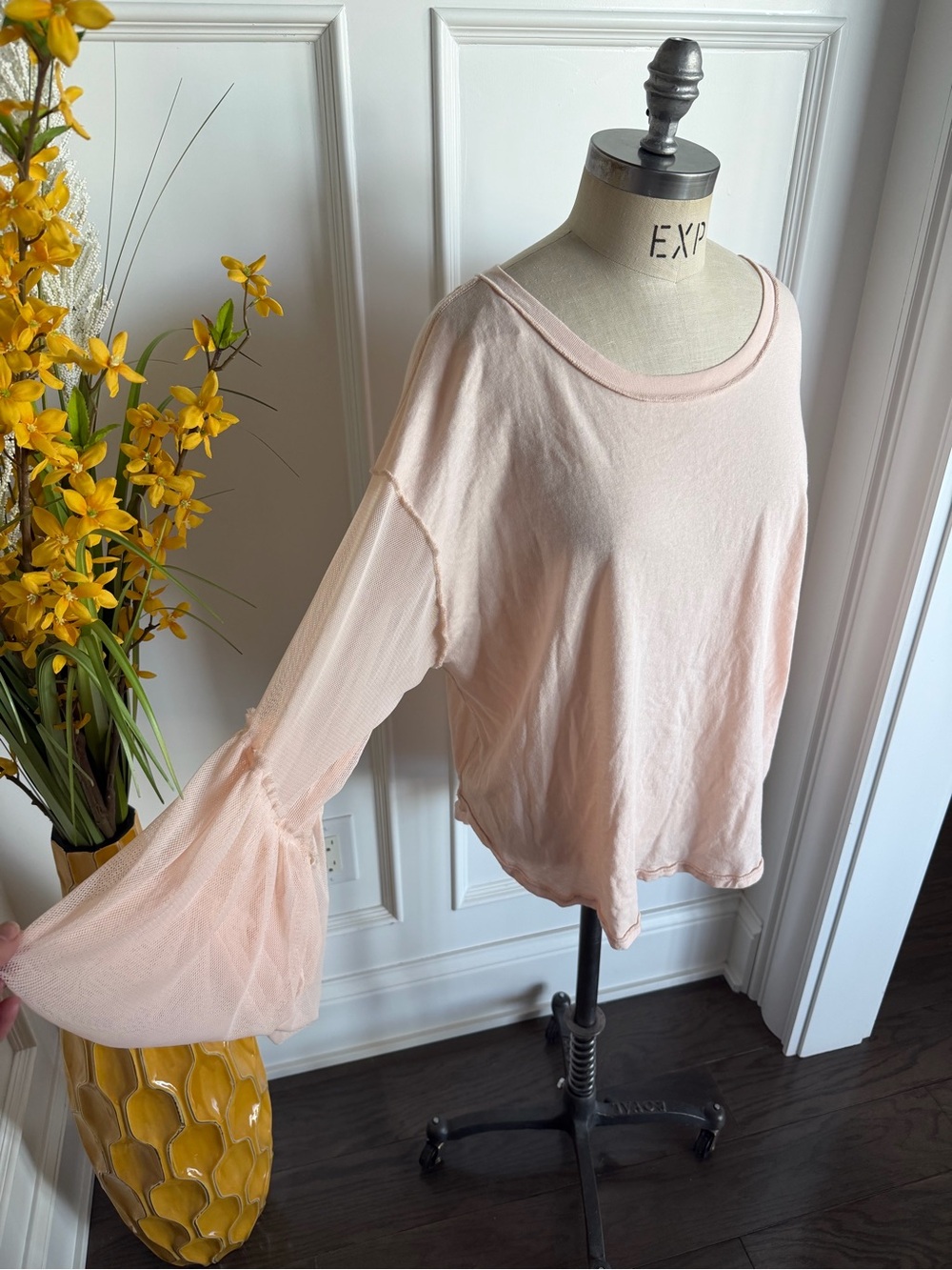 Free People NWT Pale Blush Bell Mesh Sleeve Knit Top